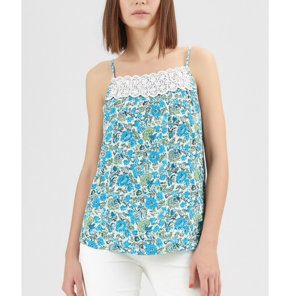 LOFT Tops - LOFT Floral Cami Blouse Cottage Blue Spaghetti Strap Top Lace Accent Sz Small P